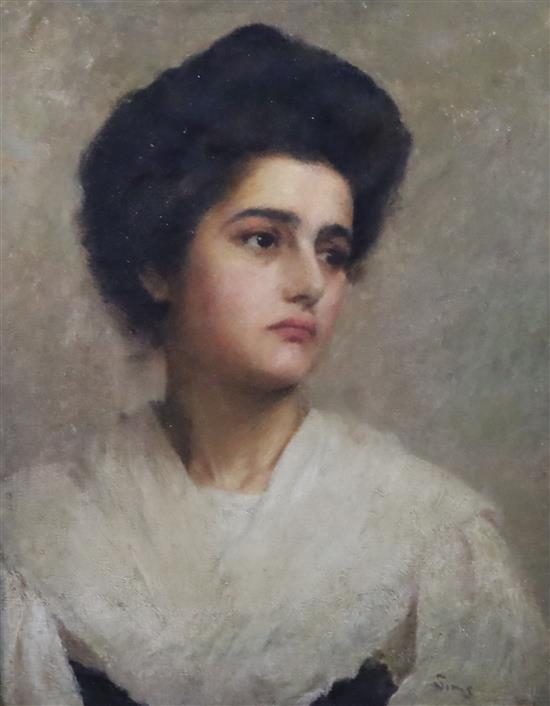 Charles Sims, R.A., R.W.S., (1873-1928) Portrait of Mrs Agnes Helen Sims, nee Macwhirter, 21 x 17in.